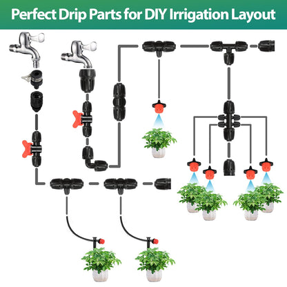 27 Pcs 1/2 Inch Irrigation Tubing Fittings Kit, 16mm 1/2" Drip Tubing Barbed Locked Nuts Connectors with 4 Couplings 4 Tee 4 Ends 4 Elbows 3 Switch Valves 6 Reducers 2 Hose Adapters