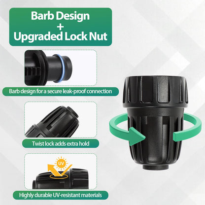 27 Pcs 1/2 Inch Irrigation Tubing Fittings Kit, 16mm 1/2" Drip Tubing Barbed Locked Nuts Connectors with 4 Couplings 4 Tee 4 Ends 4 Elbows 3 Switch Valves 6 Reducers 2 Hose Adapters