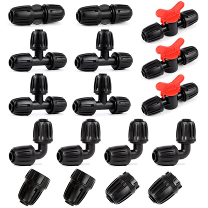 27 Pcs 1/2 Inch Irrigation Tubing Fittings Kit, 16mm 1/2" Drip Tubing Barbed Locked Nuts Connectors with 4 Couplings 4 Tee 4 Ends 4 Elbows 3 Switch Valves 6 Reducers 2 Hose Adapters