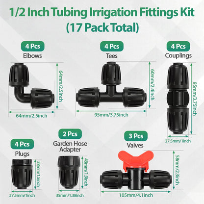 27 Pcs 1/2 Inch Irrigation Tubing Fittings Kit, 16mm 1/2" Drip Tubing Barbed Locked Nuts Connectors with 4 Couplings 4 Tee 4 Ends 4 Elbows 3 Switch Valves 6 Reducers 2 Hose Adapters