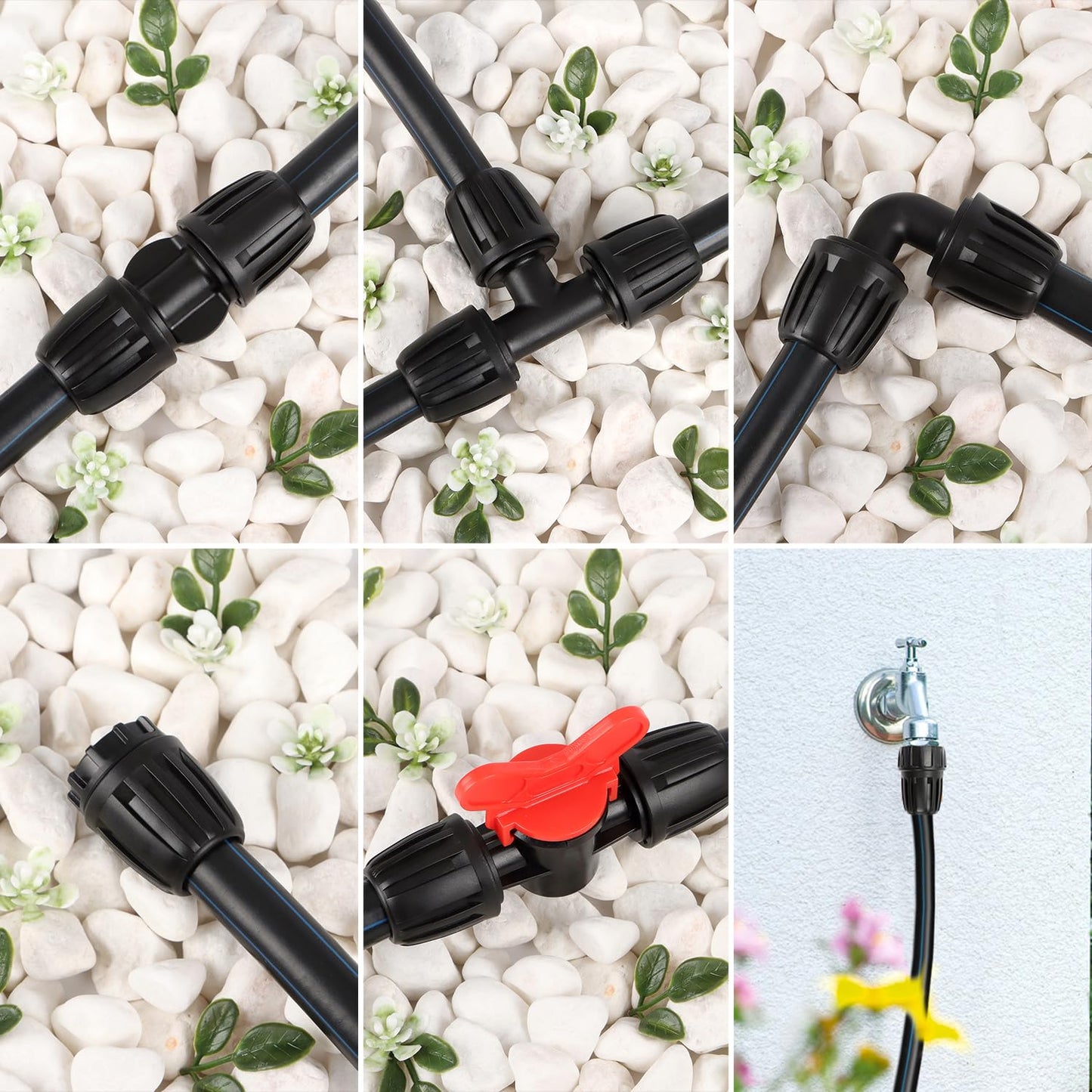 27 Pcs 1/2 Inch Irrigation Tubing Fittings Kit, 16mm 1/2" Drip Tubing Barbed Locked Nuts Connectors with 4 Couplings 4 Tee 4 Ends 4 Elbows 3 Switch Valves 6 Reducers 2 Hose Adapters