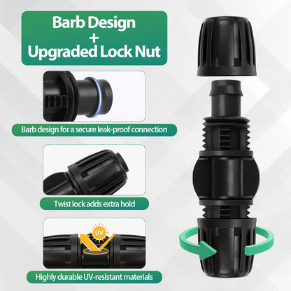 27 Pcs 1/2 Inch Irrigation Tubing Fittings Kit, 16mm 1/2" Drip Tubing Barbed Locked Nuts Connectors with 4 Couplings 4 Tee 4 Ends 4 Elbows 3 Switch Valves 6 Reducers 2 Hose Adapters