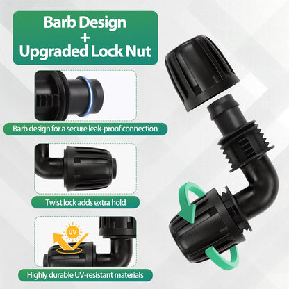 27 Pcs 1/2 Inch Irrigation Tubing Fittings Kit, 16mm 1/2" Drip Tubing Barbed Locked Nuts Connectors with 4 Couplings 4 Tee 4 Ends 4 Elbows 3 Switch Valves 6 Reducers 2 Hose Adapters