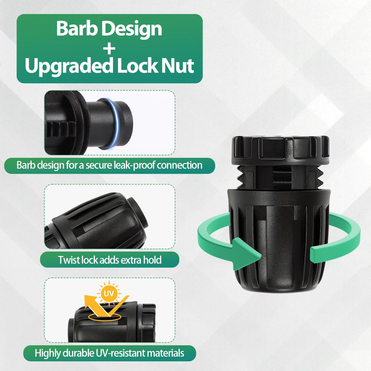 27 Pcs 1/2 Inch Irrigation Tubing Fittings Kit, 16mm 1/2" Drip Tubing Barbed Locked Nuts Connectors with 4 Couplings 4 Tee 4 Ends 4 Elbows 3 Switch Valves 6 Reducers 2 Hose Adapters