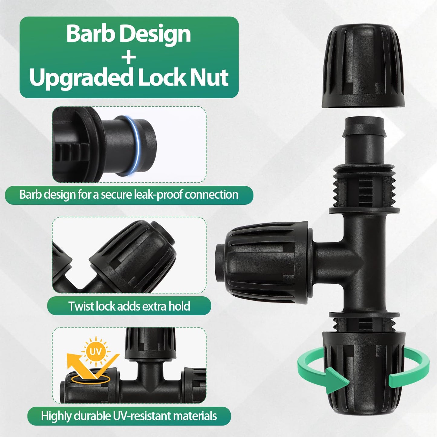 27 Pcs 1/2 Inch Irrigation Tubing Fittings Kit, 16mm 1/2" Drip Tubing Barbed Locked Nuts Connectors with 4 Couplings 4 Tee 4 Ends 4 Elbows 3 Switch Valves 6 Reducers 2 Hose Adapters