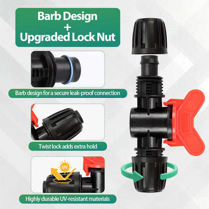 27 Pcs 1/2 Inch Irrigation Tubing Fittings Kit, 16mm 1/2" Drip Tubing Barbed Locked Nuts Connectors with 4 Couplings 4 Tee 4 Ends 4 Elbows 3 Switch Valves 6 Reducers 2 Hose Adapters