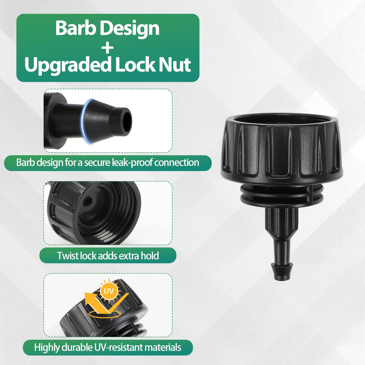 27 Pcs 1/2 Inch Irrigation Tubing Fittings Kit, 16mm 1/2" Drip Tubing Barbed Locked Nuts Connectors with 4 Couplings 4 Tee 4 Ends 4 Elbows 3 Switch Valves 6 Reducers 2 Hose Adapters