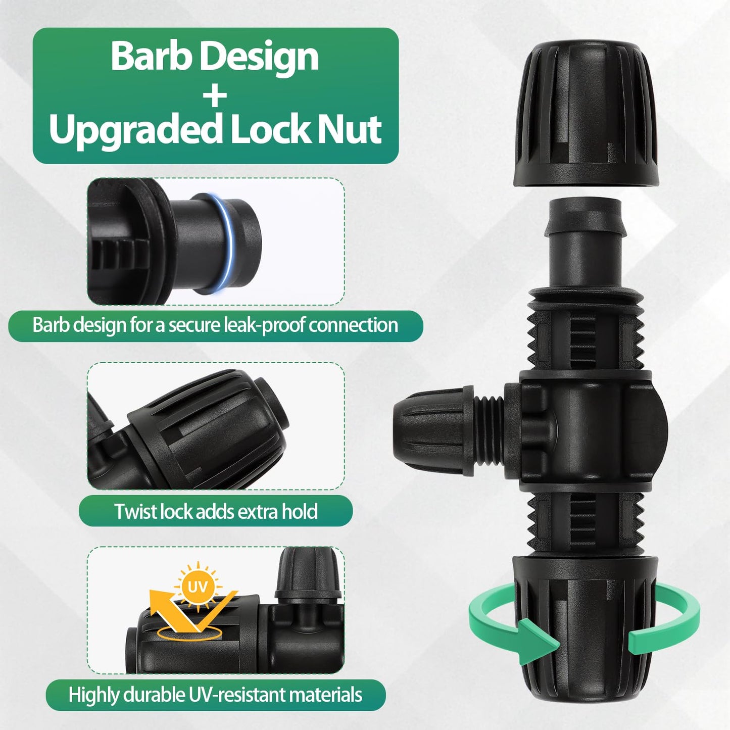 27 Pcs 1/2 Inch Irrigation Tubing Fittings Kit, 16mm 1/2" Drip Tubing Barbed Locked Nuts Connectors with 4 Couplings 4 Tee 4 Ends 4 Elbows 3 Switch Valves 6 Reducers 2 Hose Adapters