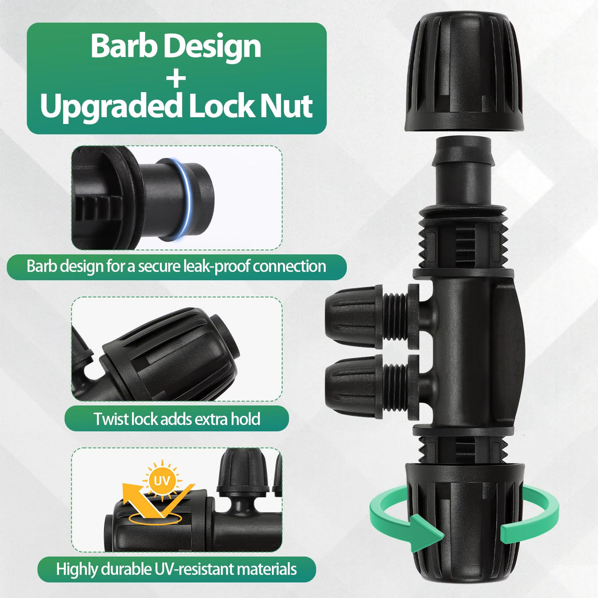 27 Pcs 1/2 Inch Irrigation Tubing Fittings Kit, 16mm 1/2" Drip Tubing Barbed Locked Nuts Connectors with 4 Couplings 4 Tee 4 Ends 4 Elbows 3 Switch Valves 6 Reducers 2 Hose Adapters