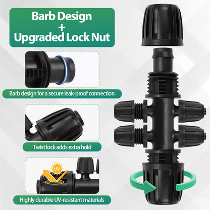 27 Pcs 1/2 Inch Irrigation Tubing Fittings Kit, 16mm 1/2" Drip Tubing Barbed Locked Nuts Connectors with 4 Couplings 4 Tee 4 Ends 4 Elbows 3 Switch Valves 6 Reducers 2 Hose Adapters
