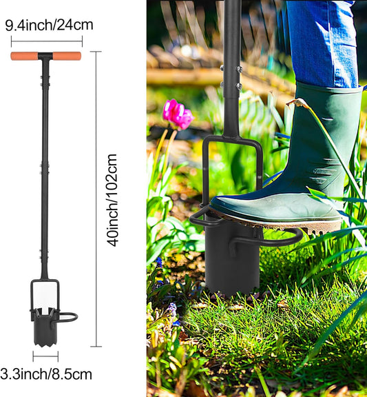 Bulb Planter Tool Long Handle, Tulip Bulb Planter Tool with Serrated Base & Double Pedal, Soft T Grip Sod Plugger, Heavy Duty Bulb Planter Tool for Digging Holes Sowing Plant Bulb