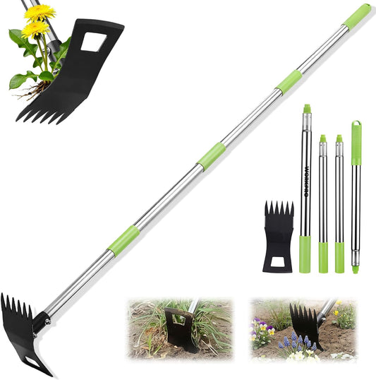 Weed Puller Tool with Long Handle, 2-in-1 Garden Hoe & Weed Rake