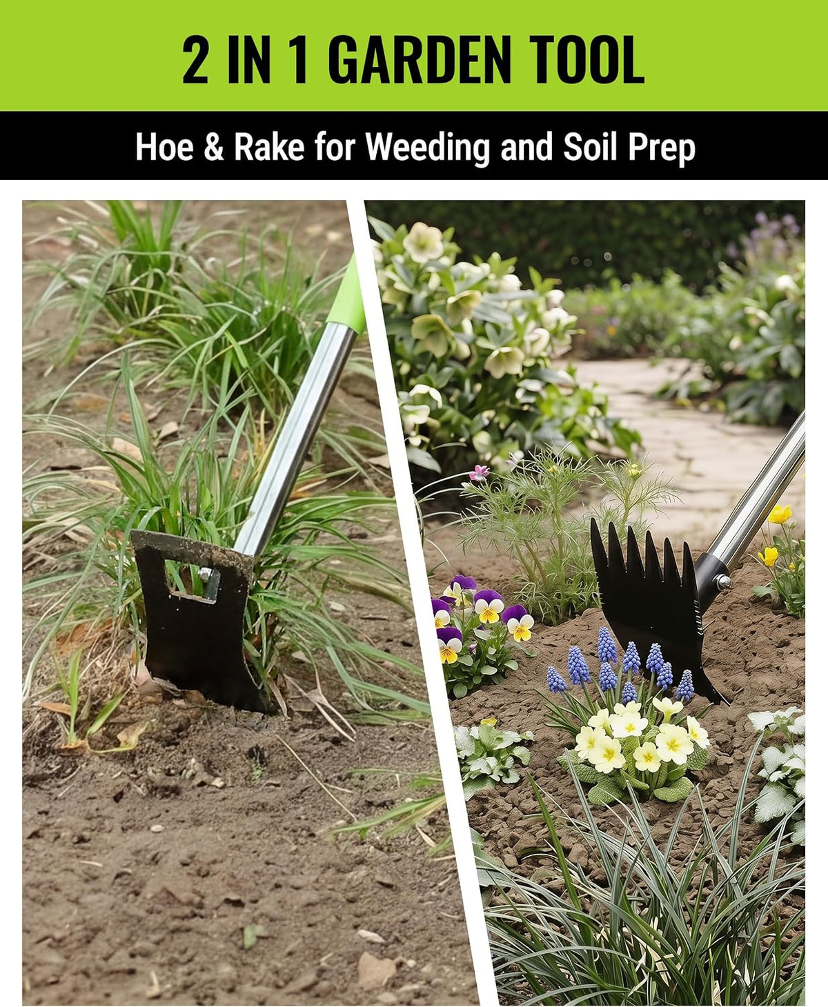 Weed Puller Tool with Long Handle, 2-in-1 Garden Hoe & Weed Rake