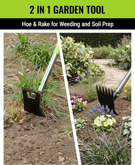 Weed Puller Tool with Long Handle, 2-in-1 Garden Hoe & Weed Rake