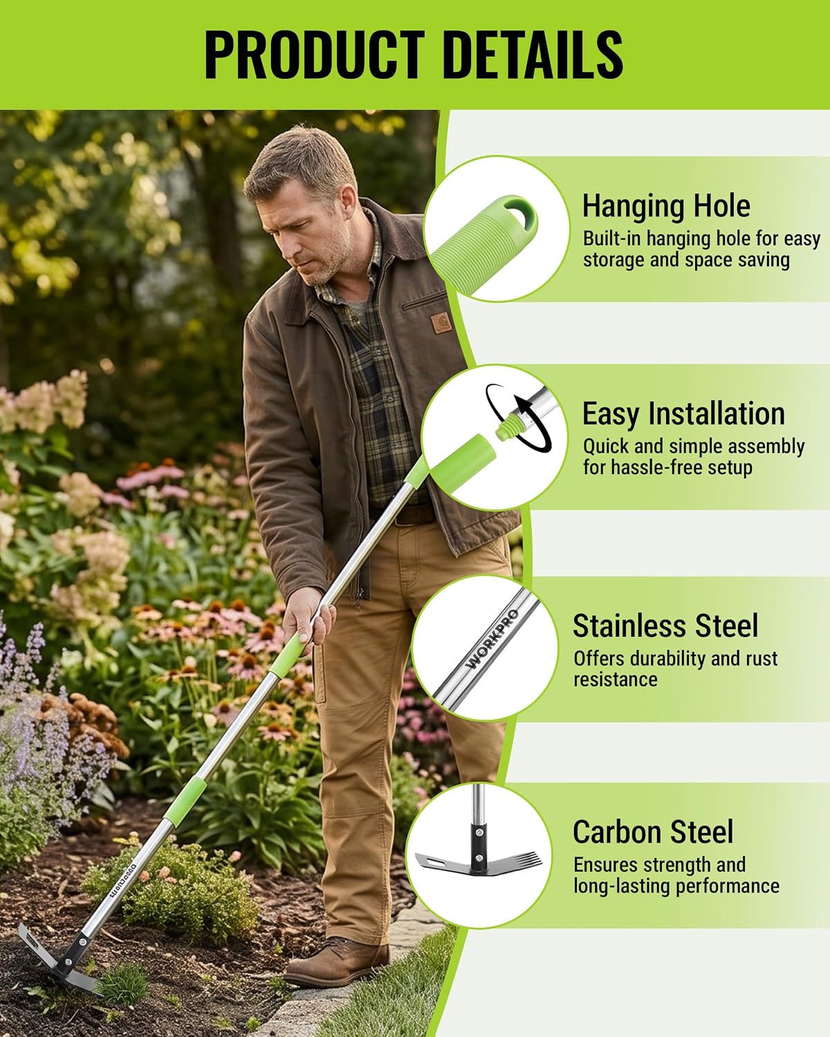 Weed Puller Tool with Long Handle, 2-in-1 Garden Hoe & Weed Rake