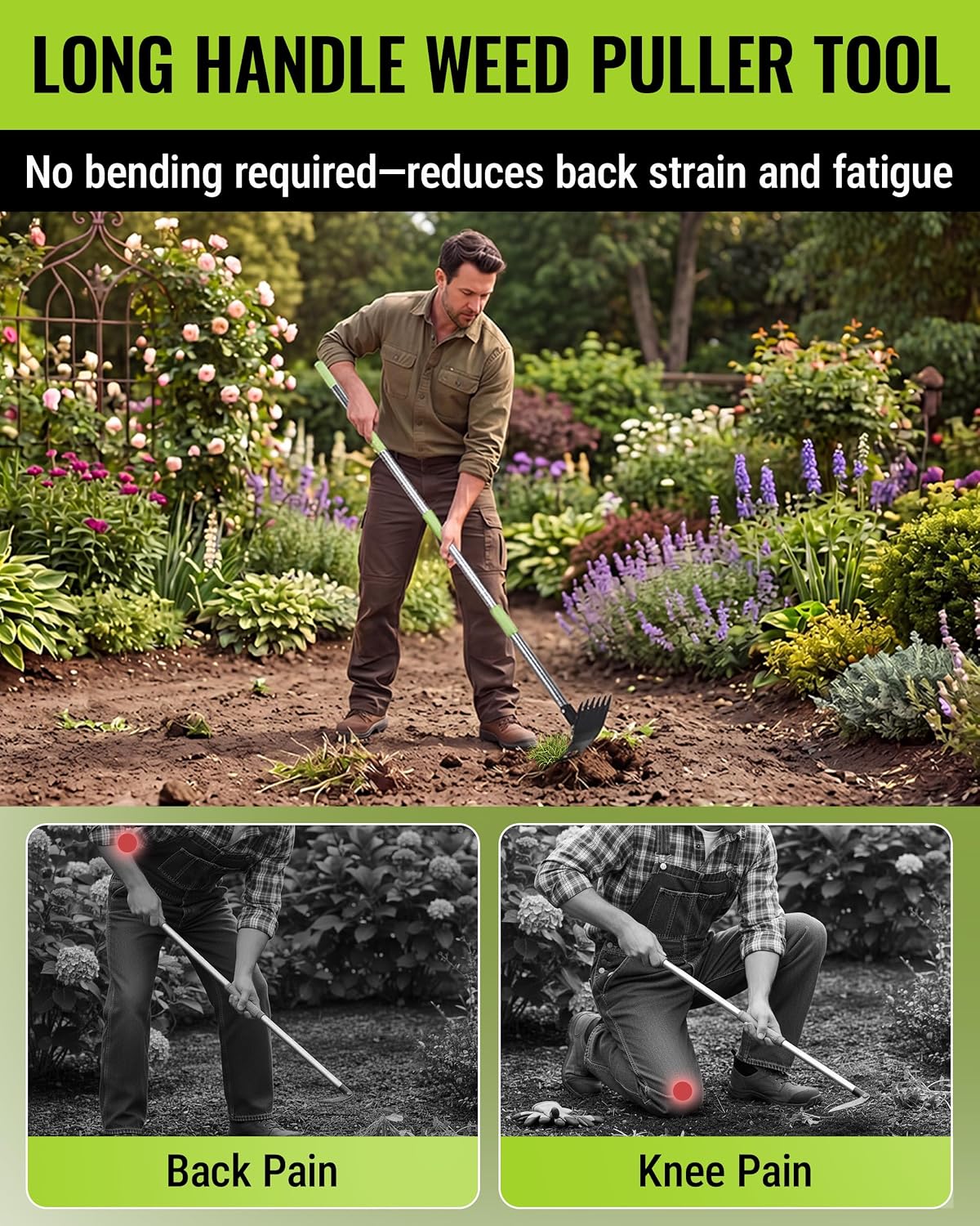 Weed Puller Tool with Long Handle, 2-in-1 Garden Hoe & Weed Rake