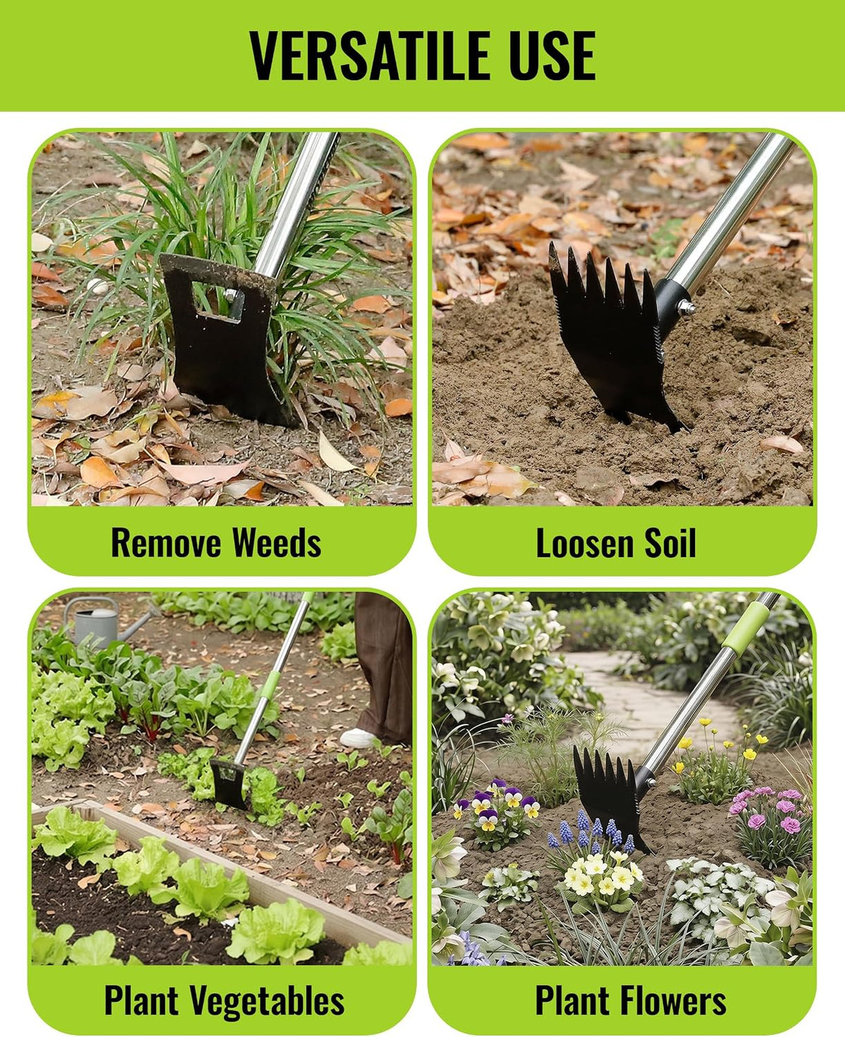 Weed Puller Tool with Long Handle, 2-in-1 Garden Hoe & Weed Rake