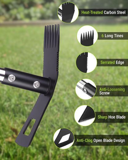 Weed Puller Tool with Long Handle, 2-in-1 Garden Hoe & Weed Rake