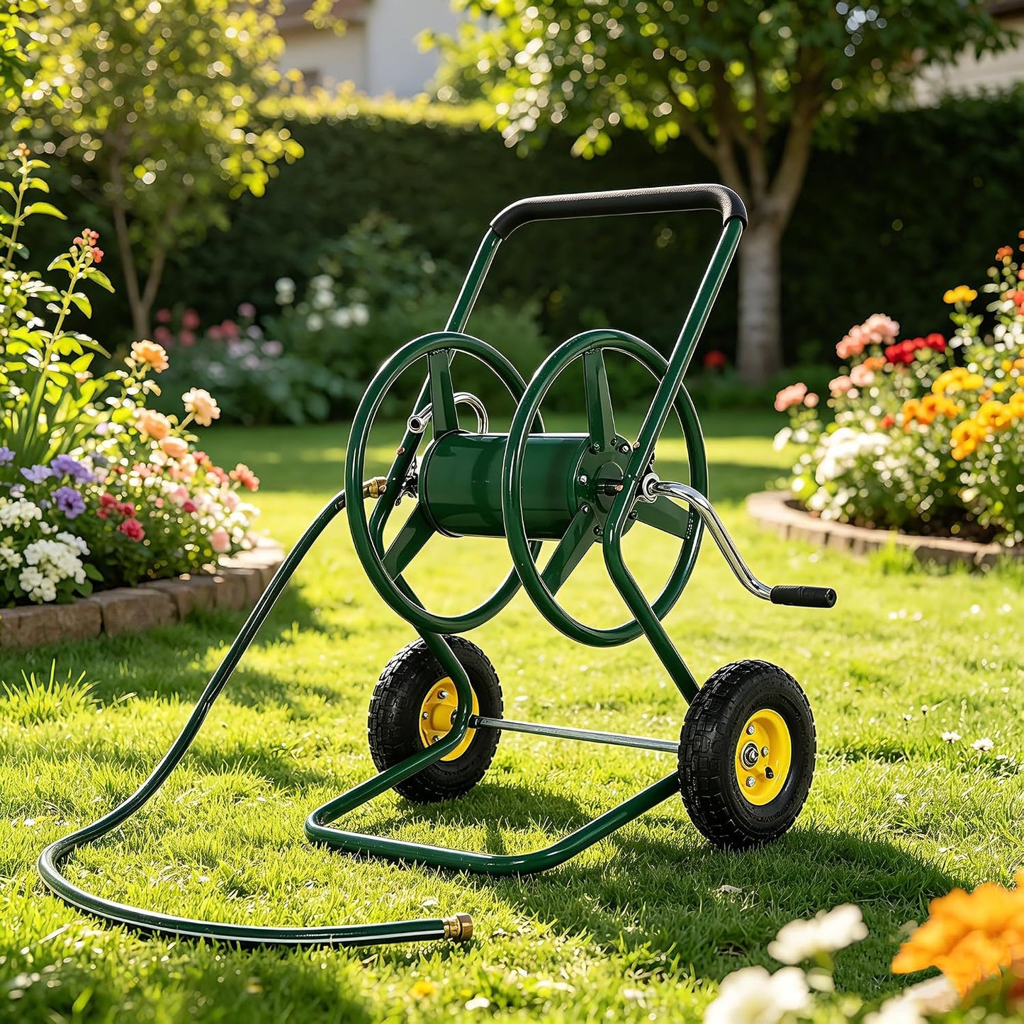 Hose Reel Cart, 250FT 5/8" All-Terrain Mobile Water Hose Truck