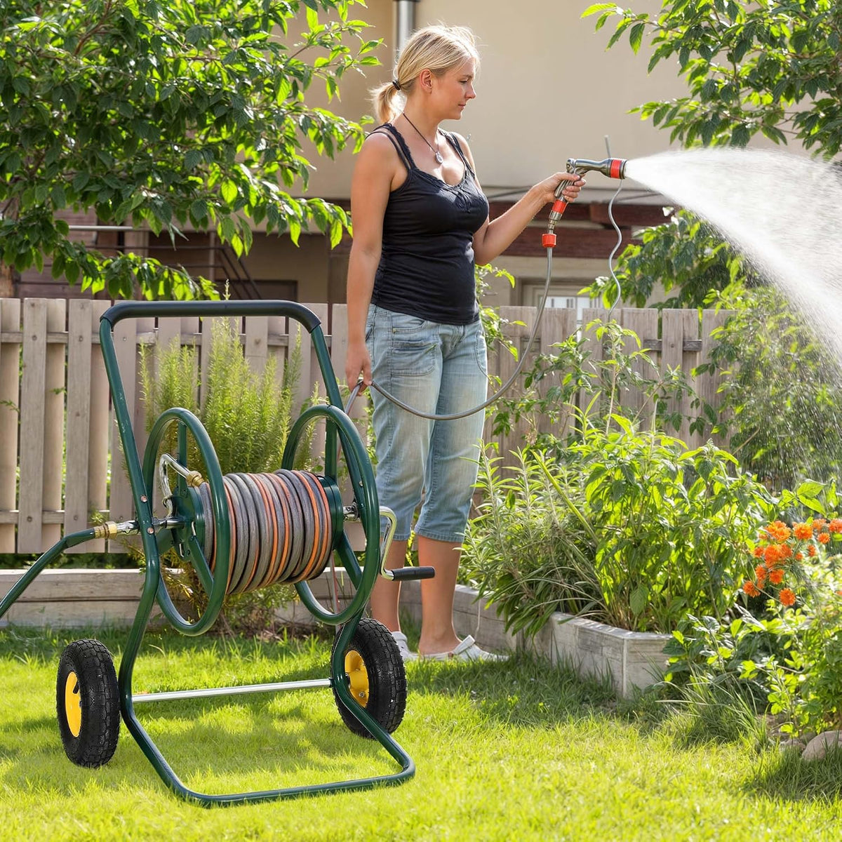 Hose Reel Cart, 250FT 5/8" All-Terrain Mobile Water Hose Truck