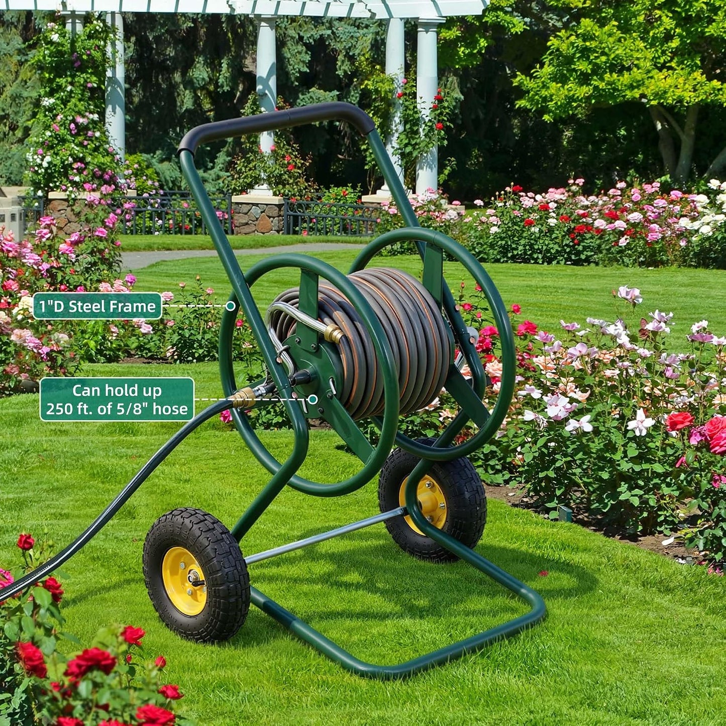 Hose Reel Cart, 250FT 5/8" All-Terrain Mobile Water Hose Truck