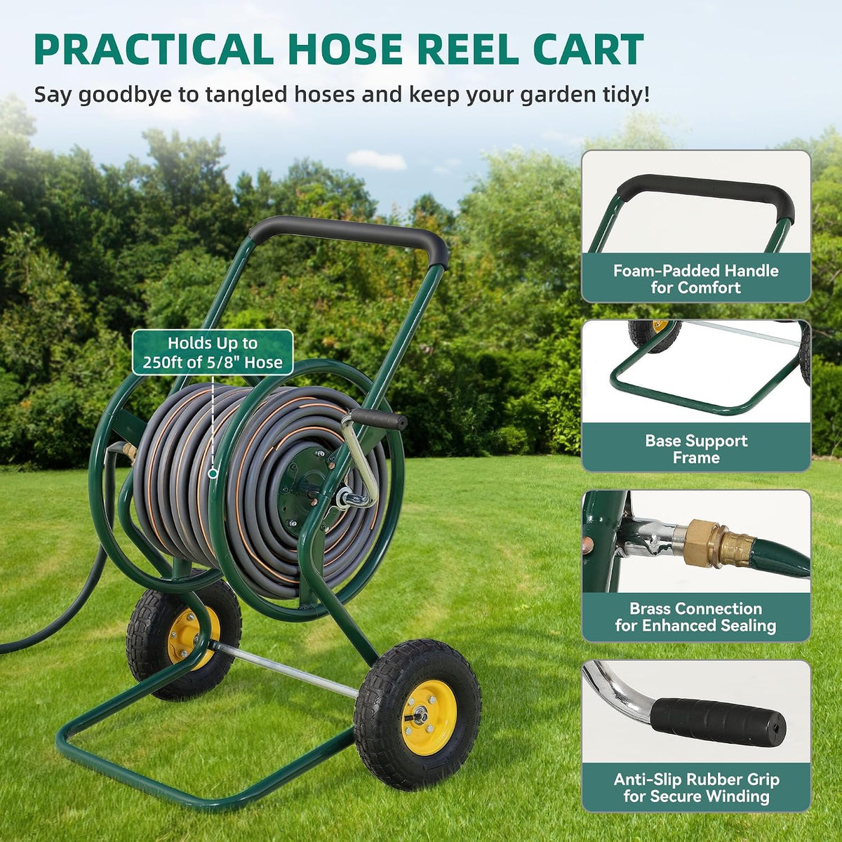 Hose Reel Cart, 250FT 5/8" All-Terrain Mobile Water Hose Truck