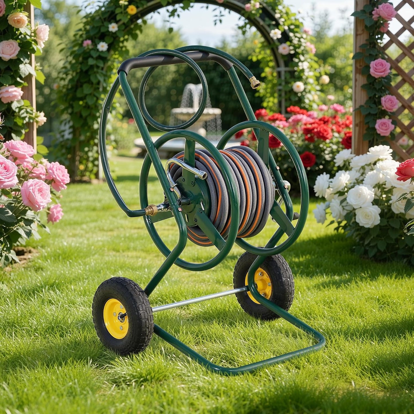 Hose Reel Cart, 250FT 5/8" All-Terrain Mobile Water Hose Truck