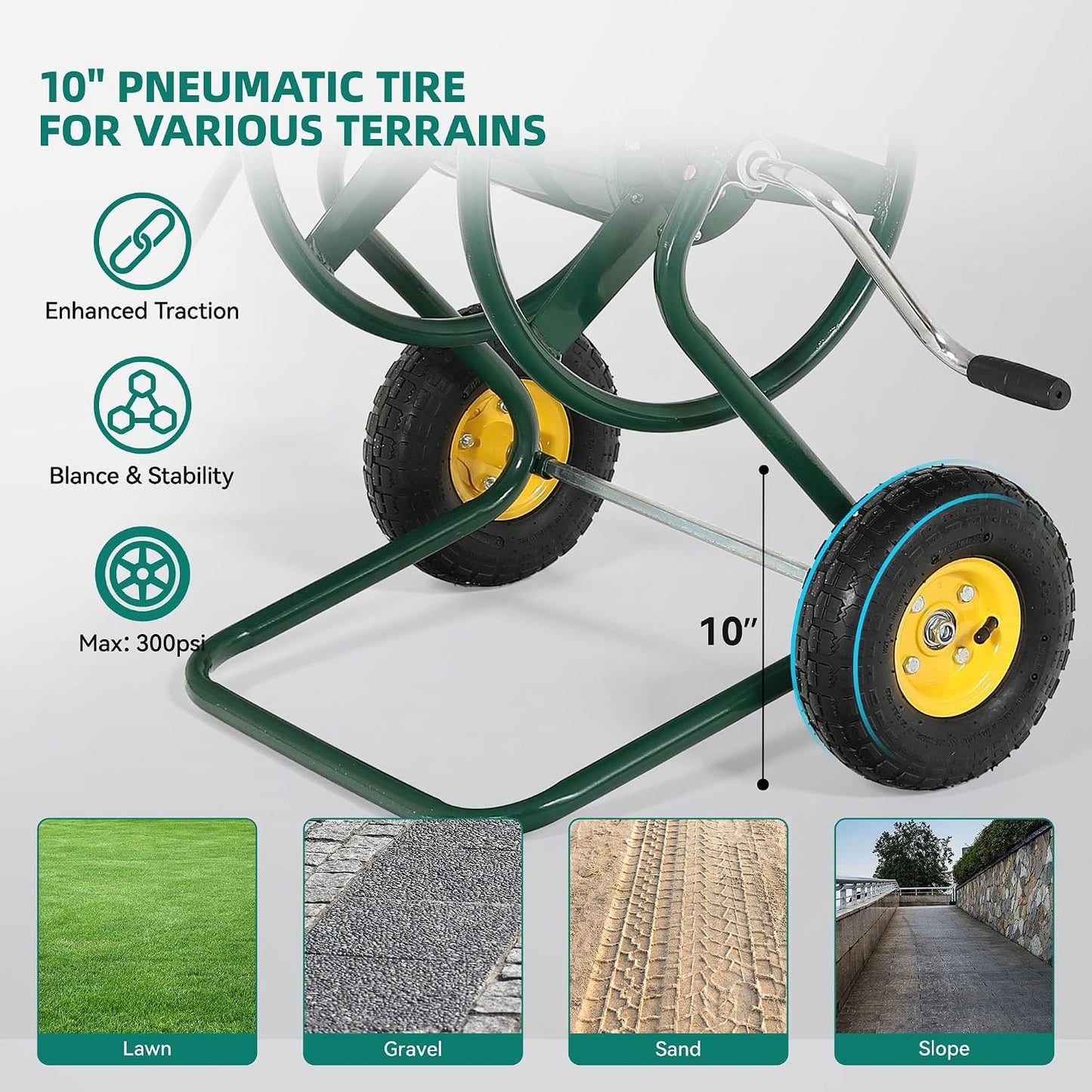 Hose Reel Cart, 250FT 5/8" All-Terrain Mobile Water Hose Truck