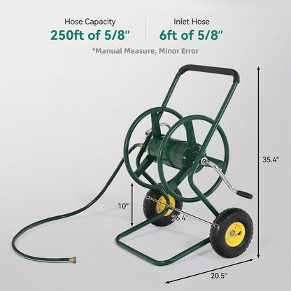 Hose Reel Cart, 250FT 5/8" All-Terrain Mobile Water Hose Truck