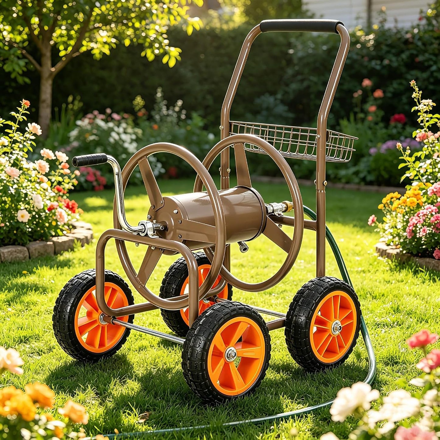 Hose Reel Cart, 250FT 5/8" All-Terrain Mobile Water Hose Truck