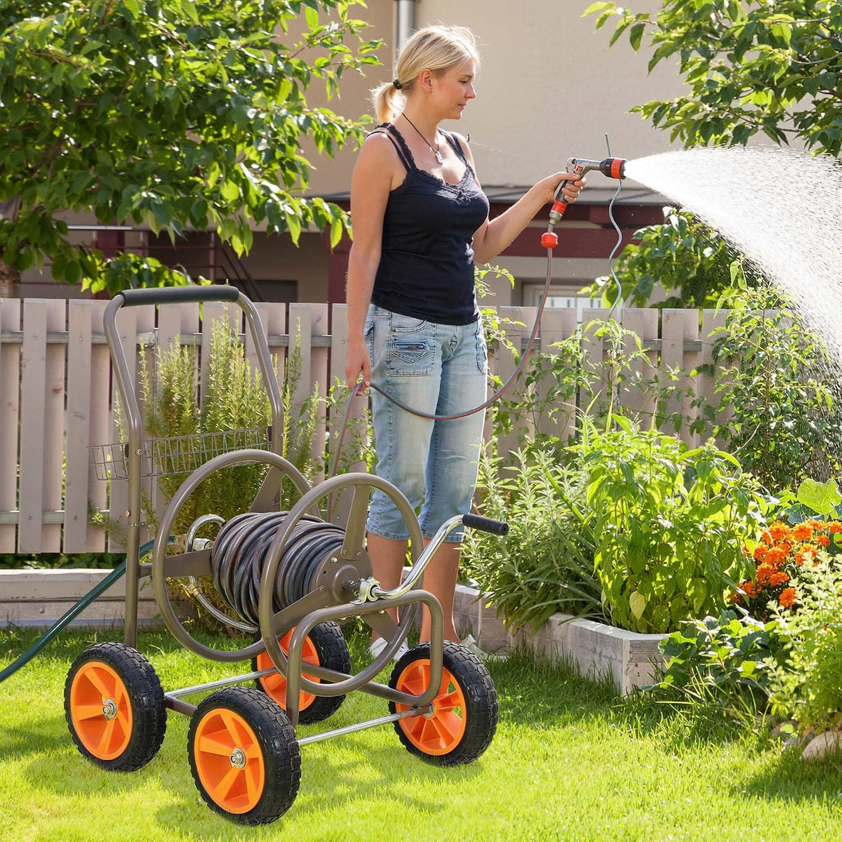 Hose Reel Cart, 250FT 5/8" All-Terrain Mobile Water Hose Truck