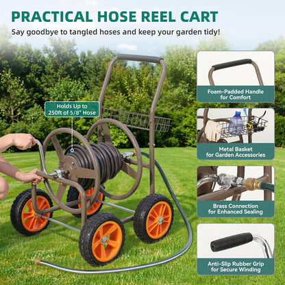 Hose Reel Cart, 250FT 5/8" All-Terrain Mobile Water Hose Truck