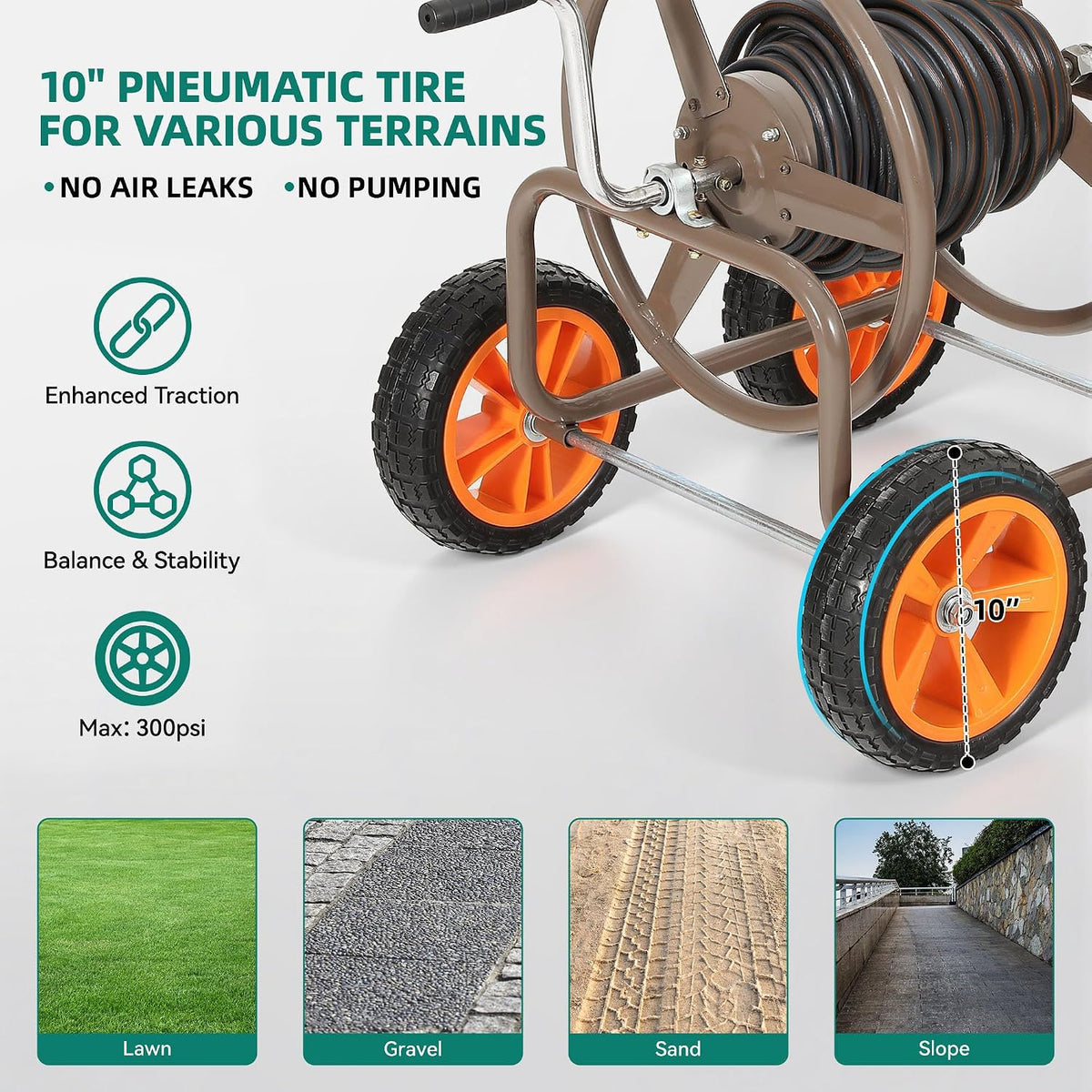 Hose Reel Cart, 250FT 5/8" All-Terrain Mobile Water Hose Truck