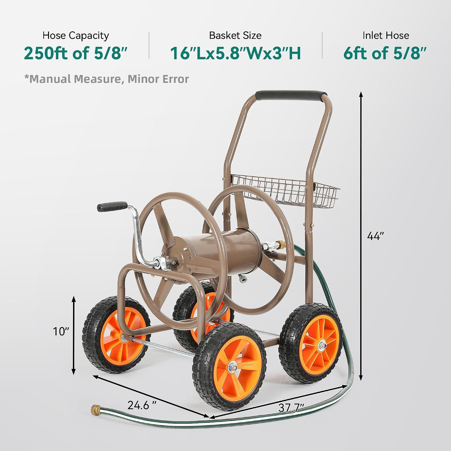 Hose Reel Cart, 250FT 5/8" All-Terrain Mobile Water Hose Truck