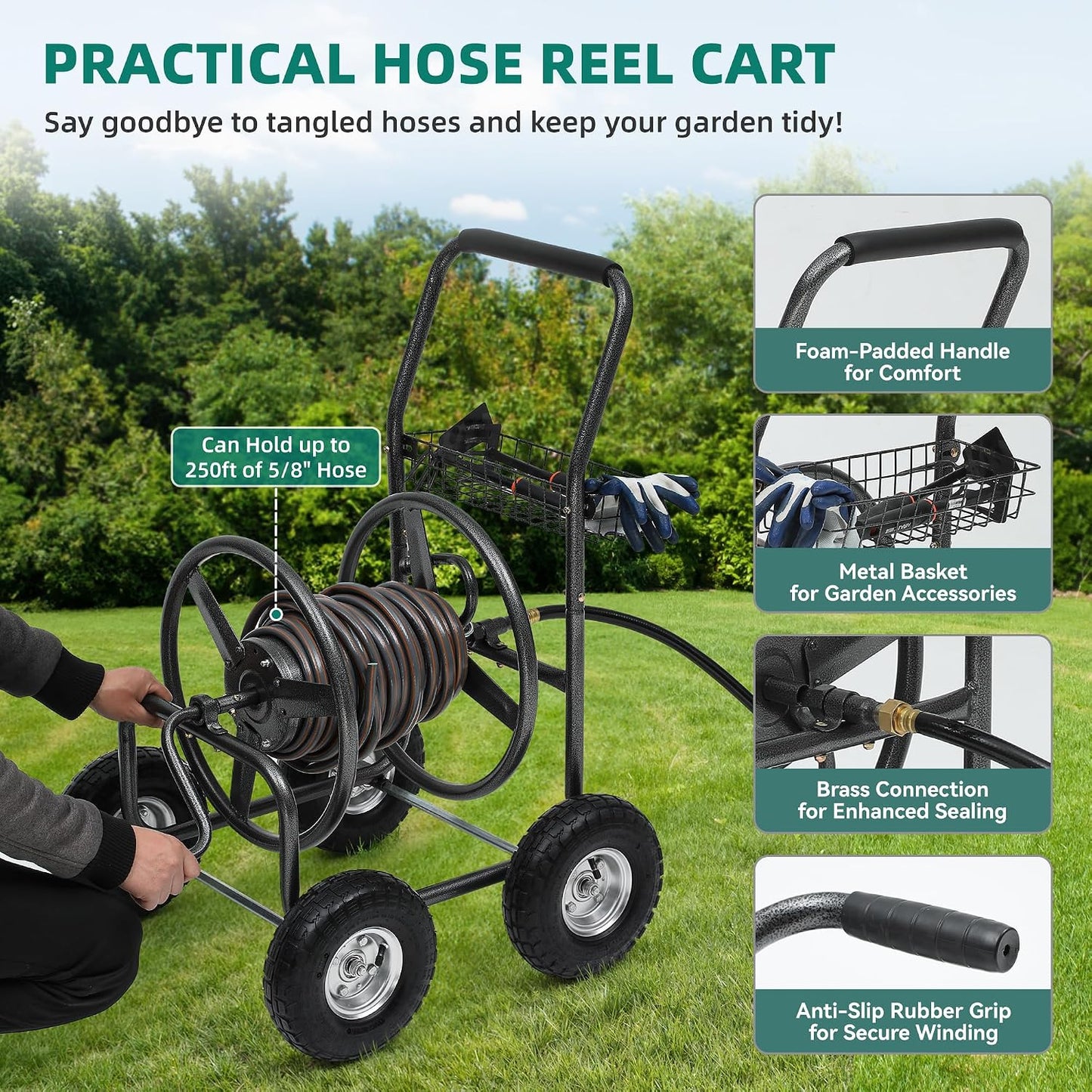 Hose Reel Cart, 250FT 5/8" All-Terrain Mobile Water Hose Truck