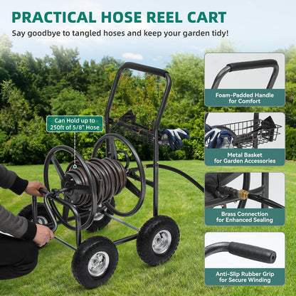 Hose Reel Cart, 250FT 5/8" All-Terrain Mobile Water Hose Truck