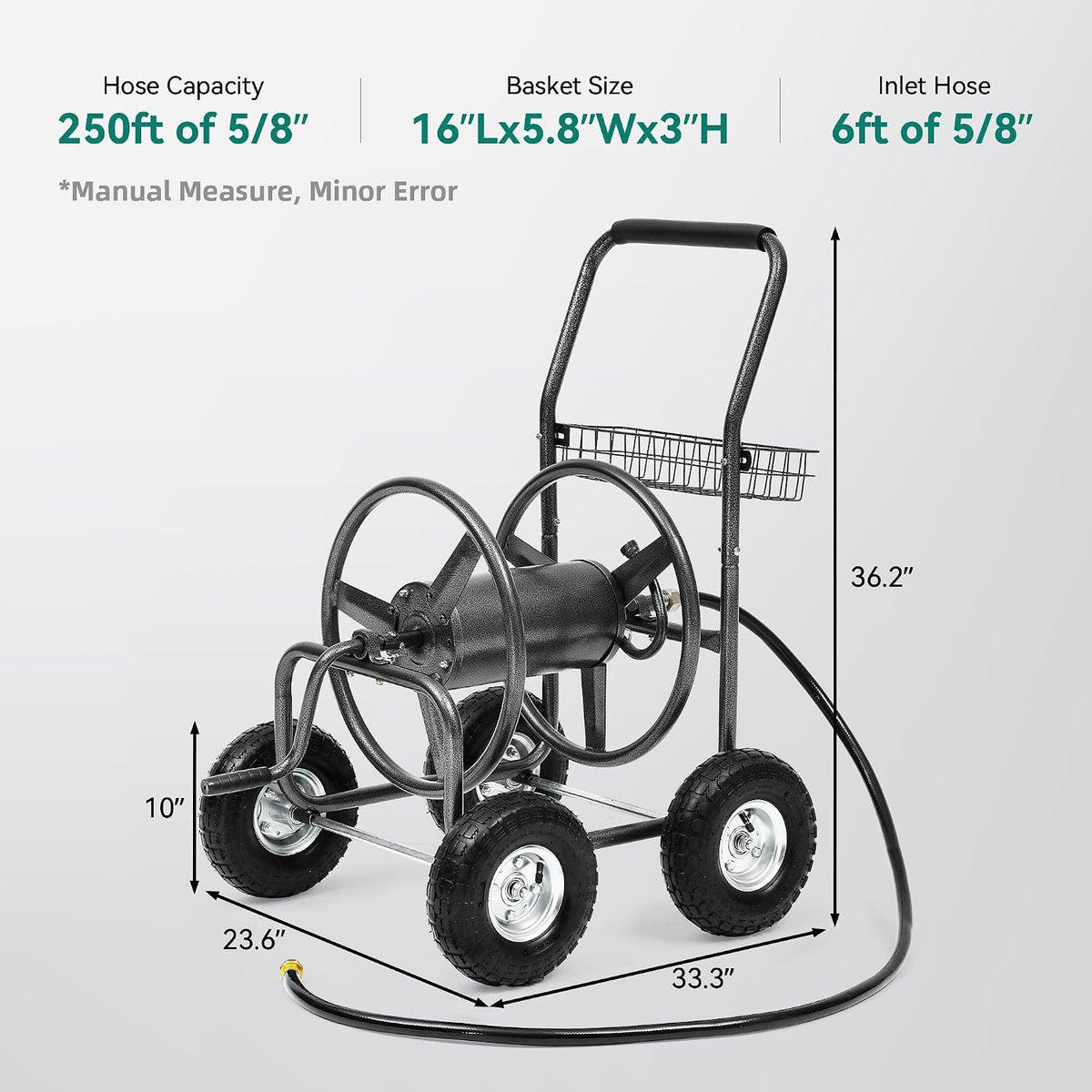 Hose Reel Cart, 250FT 5/8" All-Terrain Mobile Water Hose Truck