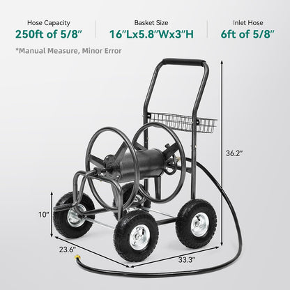 Hose Reel Cart, 250FT 5/8" All-Terrain Mobile Water Hose Truck