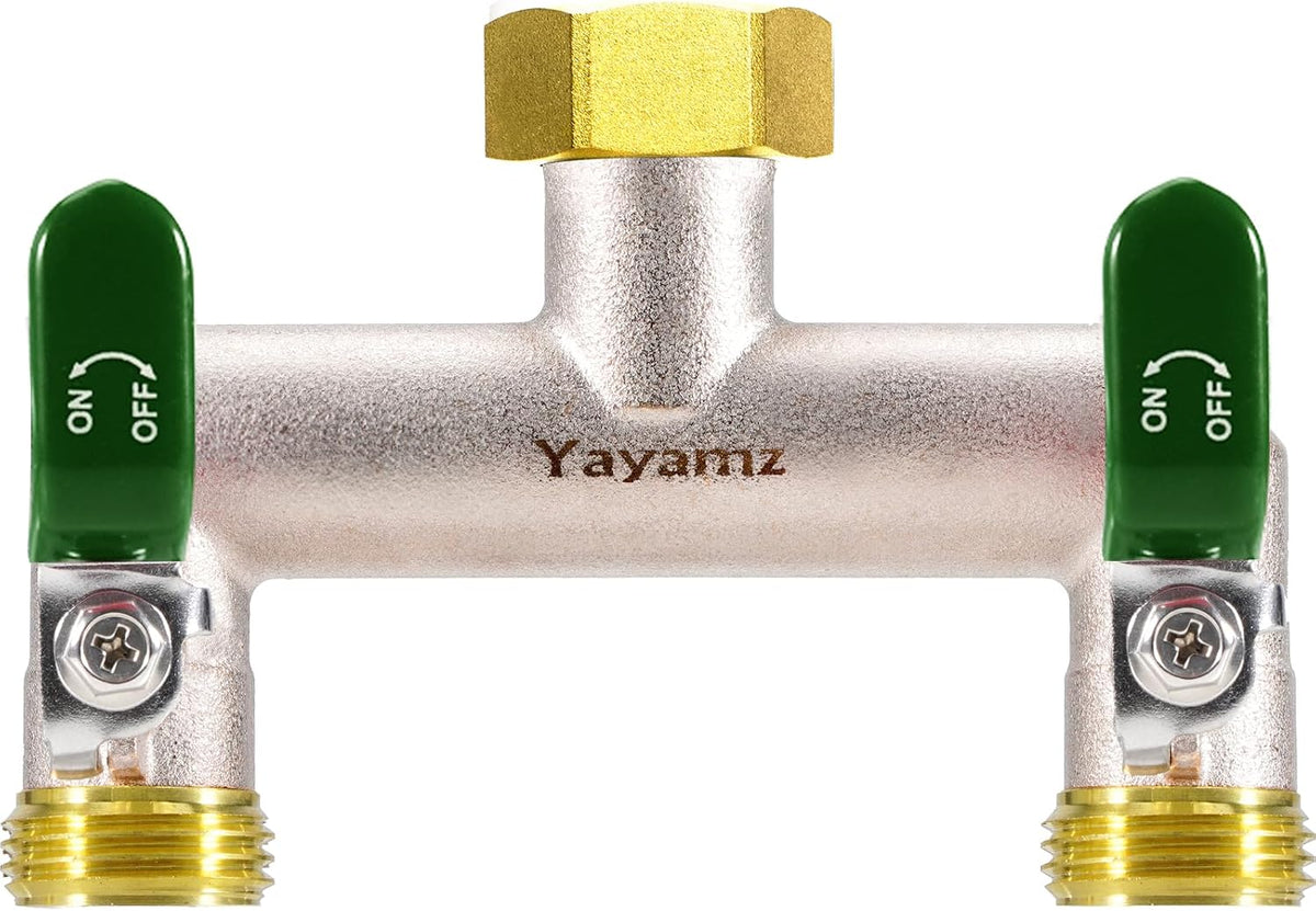 Garden Hose Splitter, 3/4” Rust and Freeze Resistant Outdoor Hose Manifold with 2 green Extra Long Handles Faucet Adapter-Heavy Duty Brass Nickel Plated 2-Way Valve