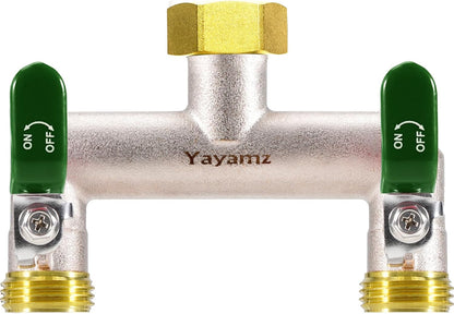 Garden Hose Splitter, 3/4” Rust and Freeze Resistant Outdoor Hose Manifold with 2 green Extra Long Handles Faucet Adapter-Heavy Duty Brass Nickel Plated 2-Way Valve