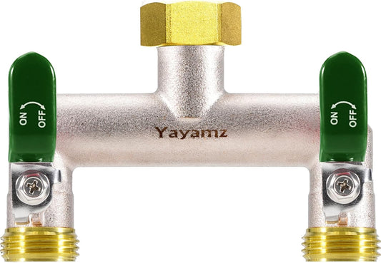 Garden Hose Splitter, 3/4” Rust and Freeze Resistant Outdoor Hose Manifold with 2 green Extra Long Handles Faucet Adapter-Heavy Duty Brass Nickel Plated 2-Way Valve