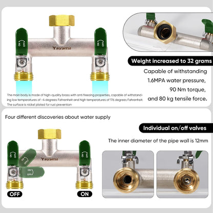 Garden Hose Splitter, 3/4” Rust and Freeze Resistant Outdoor Hose Manifold with 2 green Extra Long Handles Faucet Adapter-Heavy Duty Brass Nickel Plated 2-Way Valve