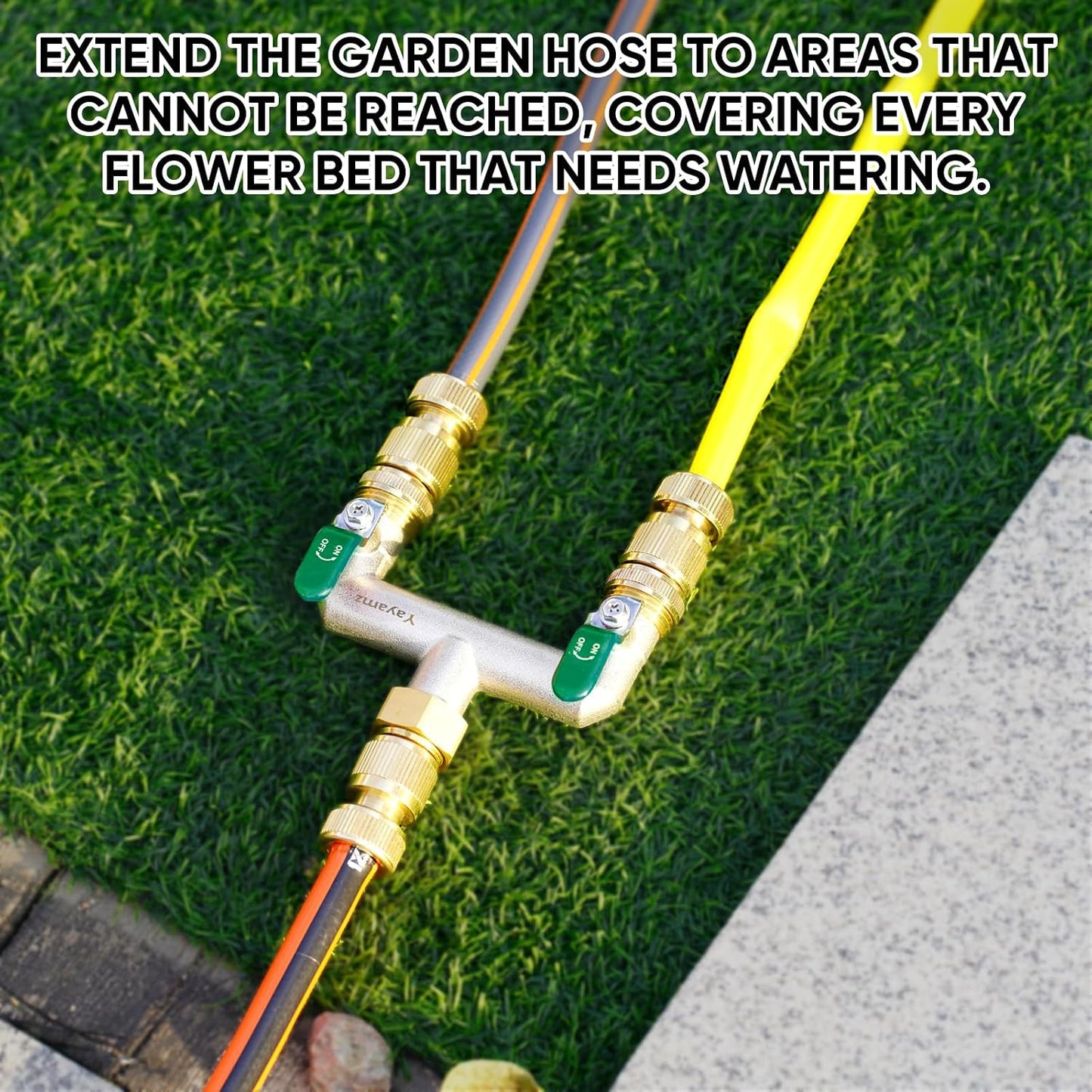 Garden Hose Splitter, 3/4” Rust and Freeze Resistant Outdoor Hose Manifold with 2 green Extra Long Handles Faucet Adapter-Heavy Duty Brass Nickel Plated 2-Way Valve
