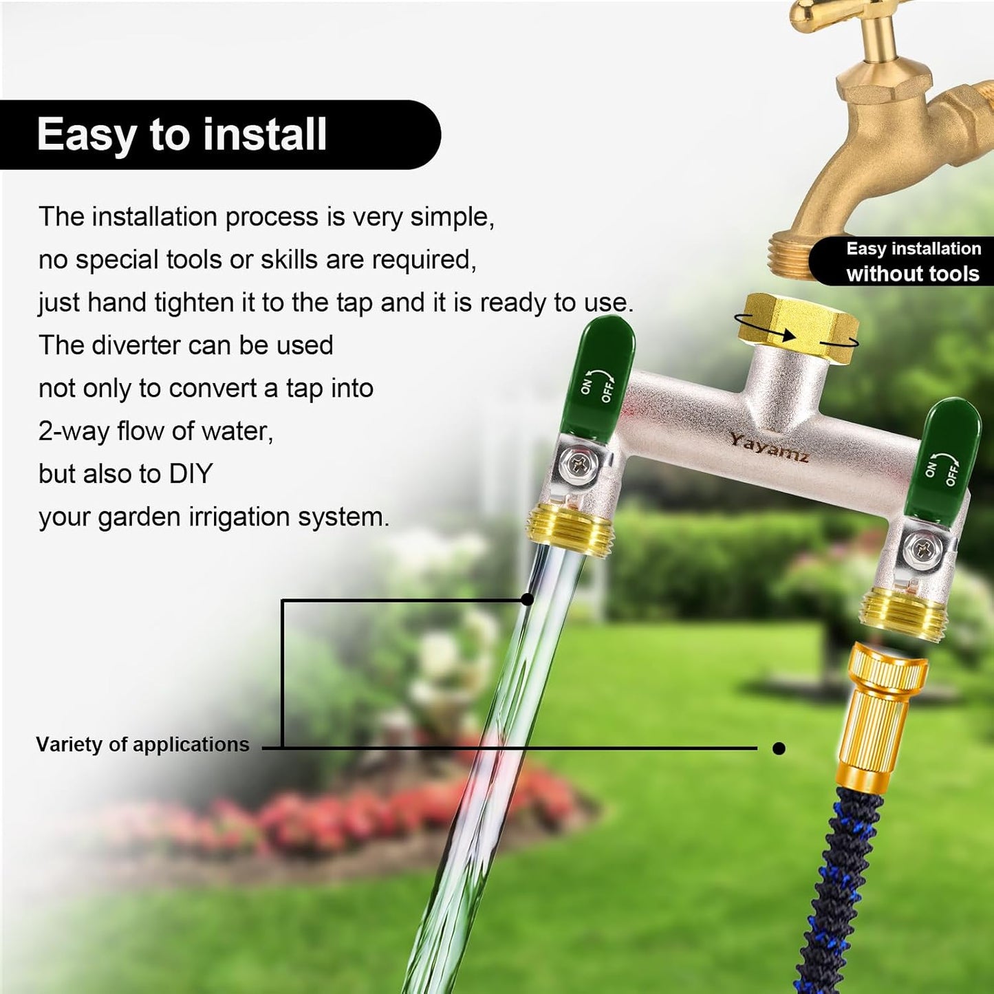 Garden Hose Splitter, 3/4” Rust and Freeze Resistant Outdoor Hose Manifold with 2 green Extra Long Handles Faucet Adapter-Heavy Duty Brass Nickel Plated 2-Way Valve
