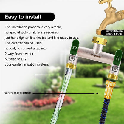 Garden Hose Splitter, 3/4” Rust and Freeze Resistant Outdoor Hose Manifold with 2 green Extra Long Handles Faucet Adapter-Heavy Duty Brass Nickel Plated 2-Way Valve