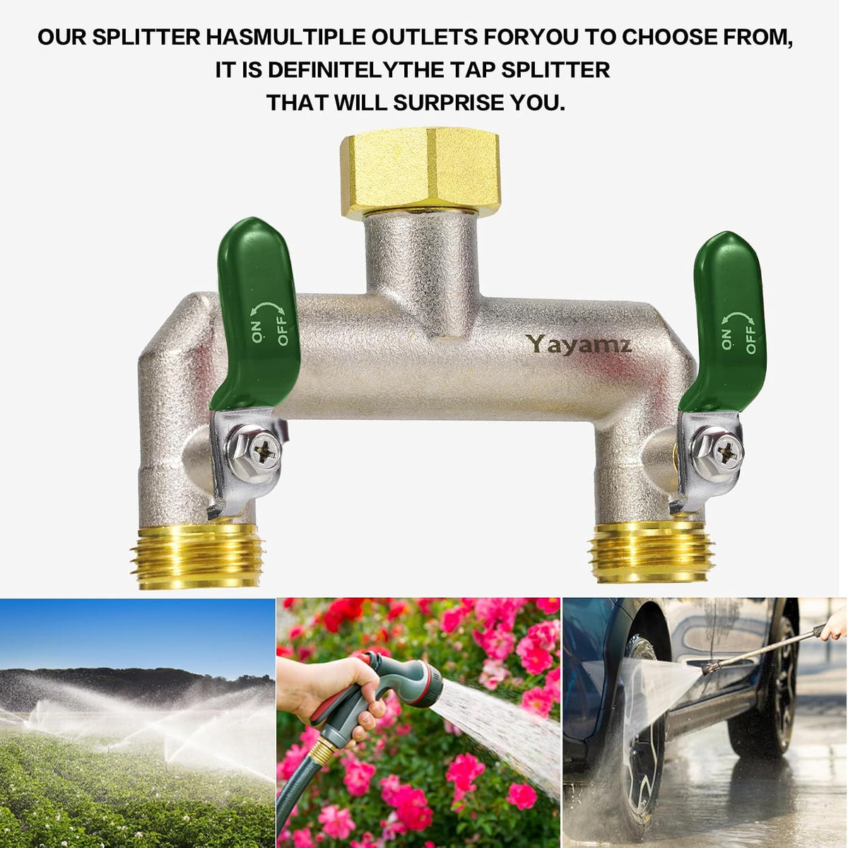 Garden Hose Splitter, 3/4” Rust and Freeze Resistant Outdoor Hose Manifold with 2 green Extra Long Handles Faucet Adapter-Heavy Duty Brass Nickel Plated 2-Way Valve