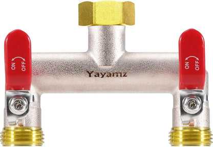 Garden Hose Splitter, 3/4” Rust and Freeze Resistant Outdoor Hose Manifold with 2 green Extra Long Handles Faucet Adapter-Heavy Duty Brass Nickel Plated 2-Way Valve