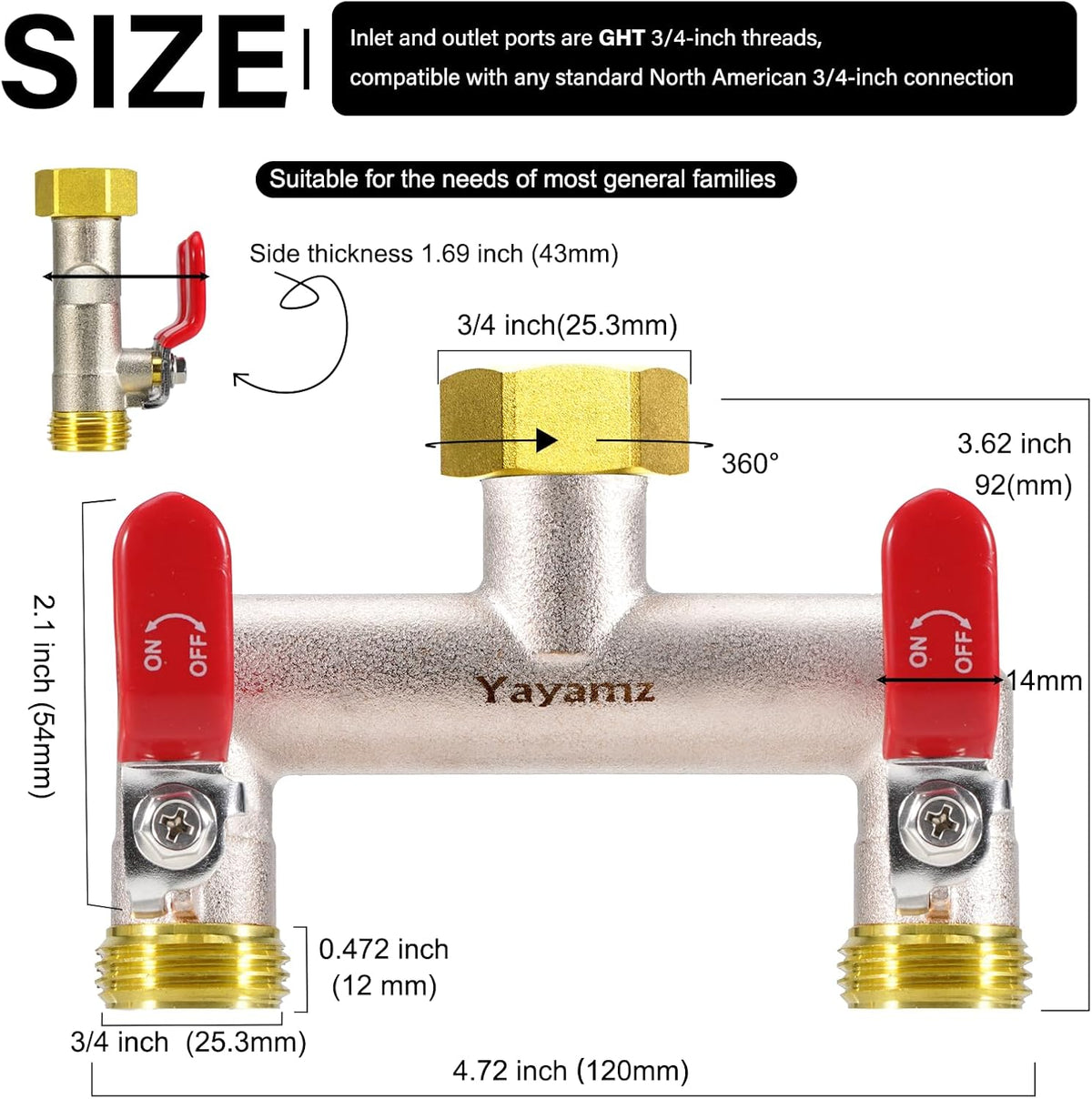 Garden Hose Splitter, 3/4” Rust and Freeze Resistant Outdoor Hose Manifold with 2 green Extra Long Handles Faucet Adapter-Heavy Duty Brass Nickel Plated 2-Way Valve