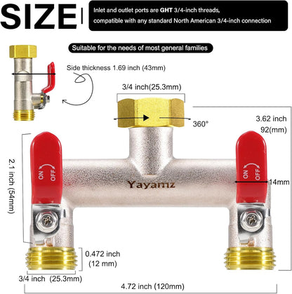 Garden Hose Splitter, 3/4” Rust and Freeze Resistant Outdoor Hose Manifold with 2 green Extra Long Handles Faucet Adapter-Heavy Duty Brass Nickel Plated 2-Way Valve