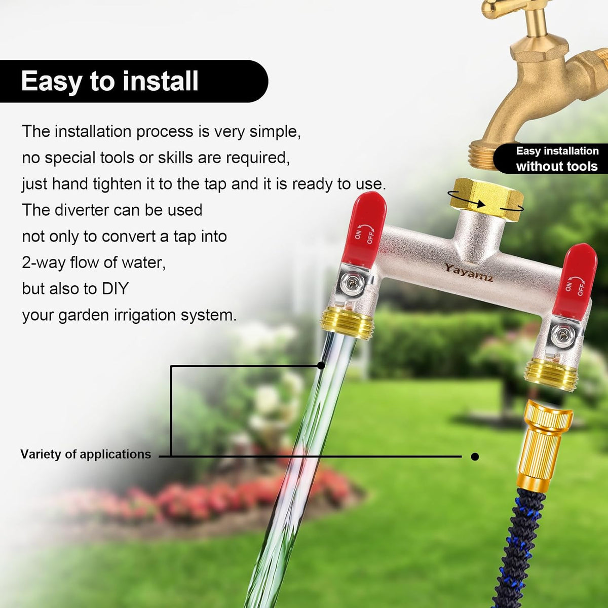 Garden Hose Splitter, 3/4” Rust and Freeze Resistant Outdoor Hose Manifold with 2 green Extra Long Handles Faucet Adapter-Heavy Duty Brass Nickel Plated 2-Way Valve